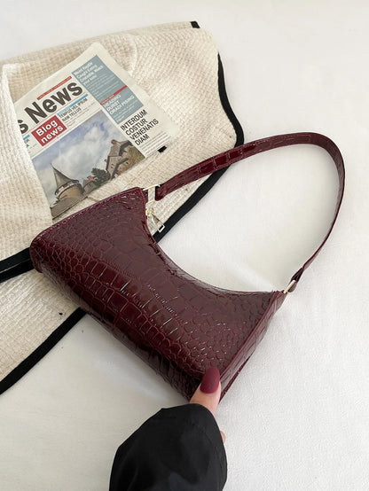 Glamorous, Elegant, Exquisite Vacation, Old Money Portable Minimalist Crocodile Embossed Bag For Teen Girls Women College Students, White-Collar Workers, Rookies & White-Collar Workers Perfect For Off