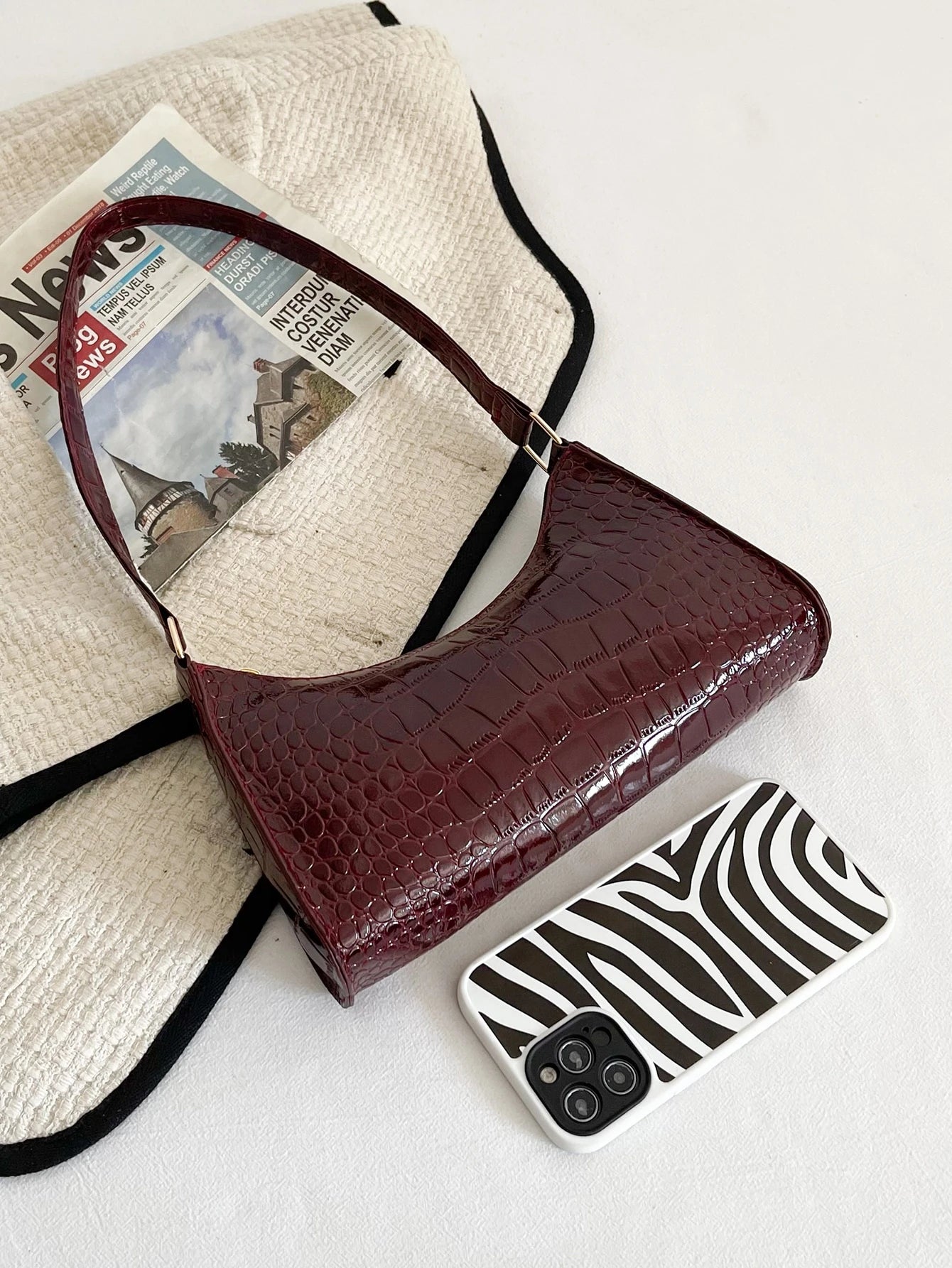 Glamorous, Elegant, Exquisite Vacation, Old Money Portable Minimalist Crocodile Embossed Bag For Teen Girls Women College Students, White-Collar Workers, Rookies & White-Collar Workers Perfect For Off