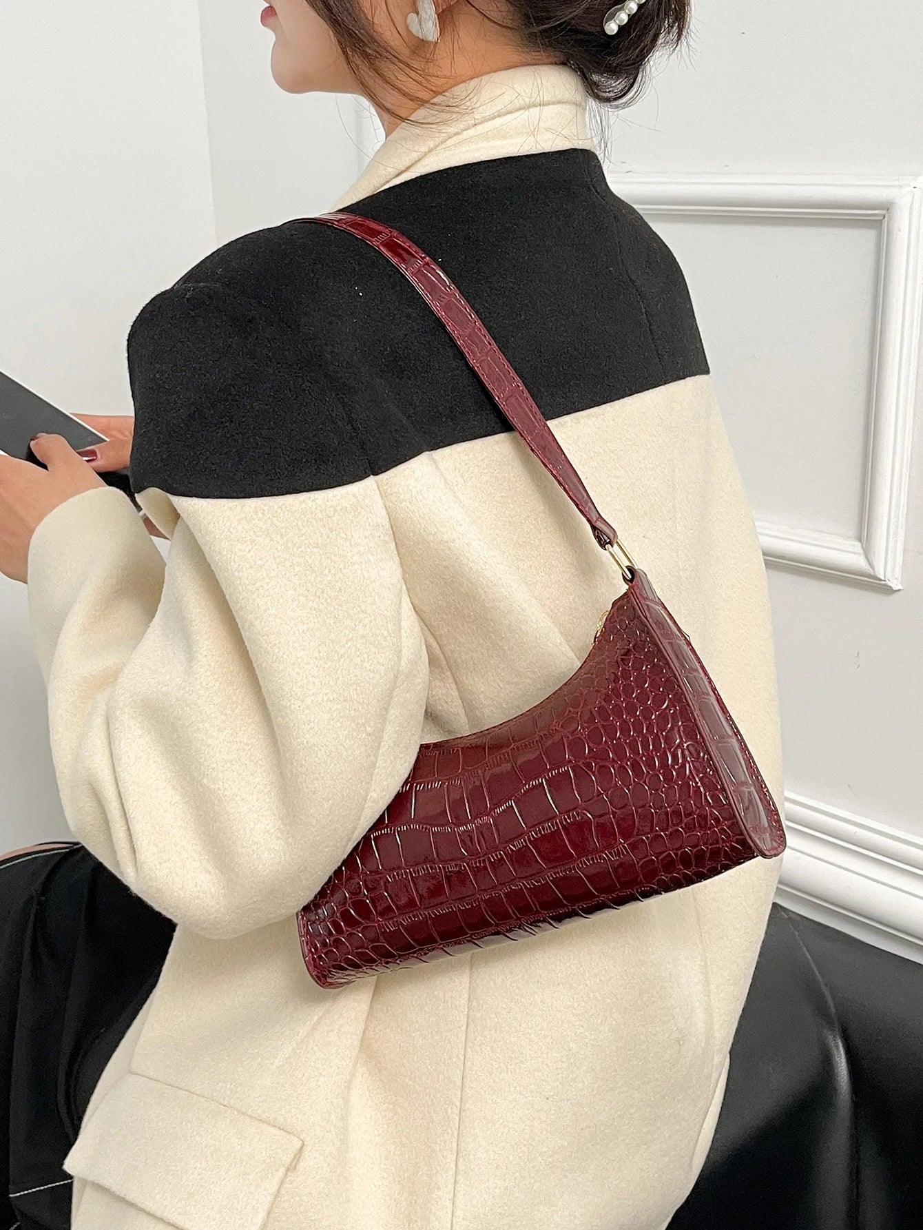 Glamorous, Elegant, Exquisite Vacation, Old Money Portable Minimalist Crocodile Embossed Bag For Teen Girls Women College Students, White-Collar Workers, Rookies & White-Collar Workers Perfect For Off