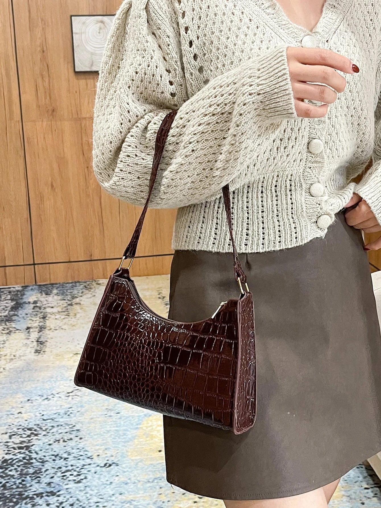 Glamorous, Elegant, Exquisite Vacation, Old Money Portable Minimalist Crocodile Embossed Bag For Teen Girls Women College Students, White-Collar Workers, Rookies & White-Collar Workers Perfect For Off