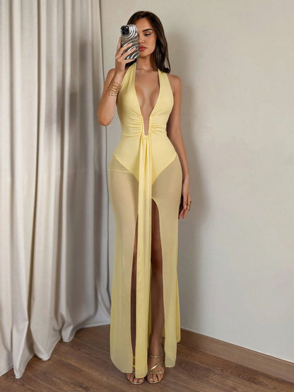 Glamour Light Blue Color V-Neck Fishbone Mesh Maxi Dress,High-End Elegant Tropical Dress,Music Festival Beach Vacation Carnival Outfit,Women's Birthday Outfit