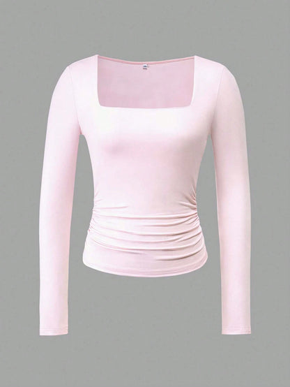 GLAMSKIN Women's Summer/Autumn Basic Y2K Square Neck Long Sleeve Slim Fit T-Shirt, Solid Color Sexy Fitted Cropped Top Casual