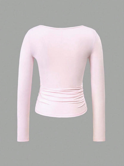 GLAMSKIN Women's Summer/Autumn Basic Y2K Square Neck Long Sleeve Slim Fit T-Shirt, Solid Color Sexy Fitted Cropped Top Casual
