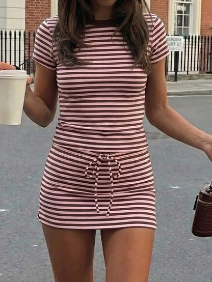 GLAMSKIN Women Summer&Fall Striped 2-Piece Set,Short Sleeve Round Neck T-Shirt&Drawstring Mini Skirt,Y2K Casual Outfit,Back To School,Beach Vacation
