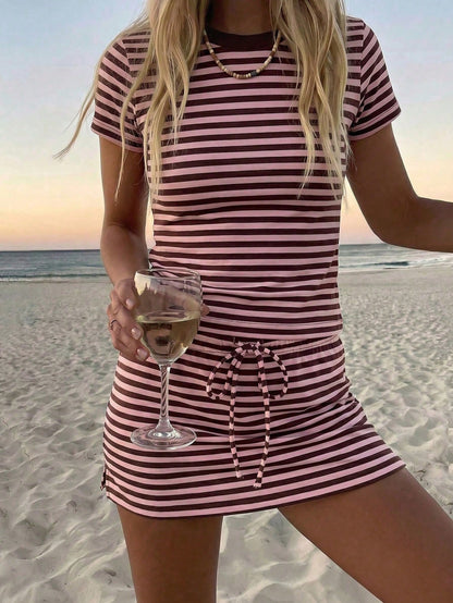 GLAMSKIN Women Summer&Fall Striped 2-Piece Set,Short Sleeve Round Neck T-Shirt&Drawstring Mini Skirt,Y2K Casual Outfit,Back To School,Beach Vacation