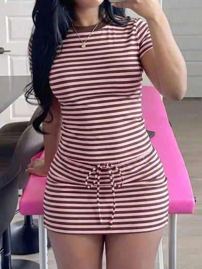 GLAMSKIN Women Summer&Fall Striped 2-Piece Set,Short Sleeve Round Neck T-Shirt&Drawstring Mini Skirt,Y2K Casual Outfit,Back To School,Beach Vacation