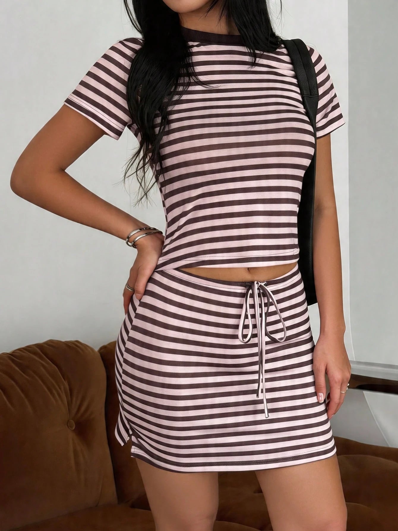 GLAMSKIN Women Summer&Fall Striped 2-Piece Set,Short Sleeve Round Neck T-Shirt&Drawstring Mini Skirt,Y2K Casual Outfit,Back To School,Beach Vacation