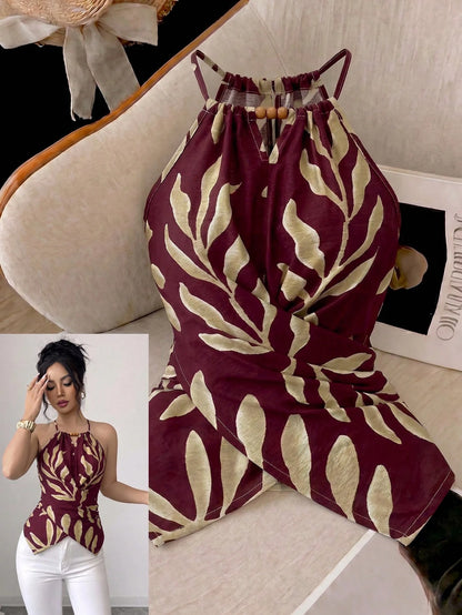 GlowEve CURVE Plus Size Women's Spring/Summer Elegant Commuter Casual Apricot Leaf Print Sleeveless Halter Neck Bow Tie Neckline Wooden Bead Decor Asymmetric Hem Waist Cross Tie Design Fitted Slimming
