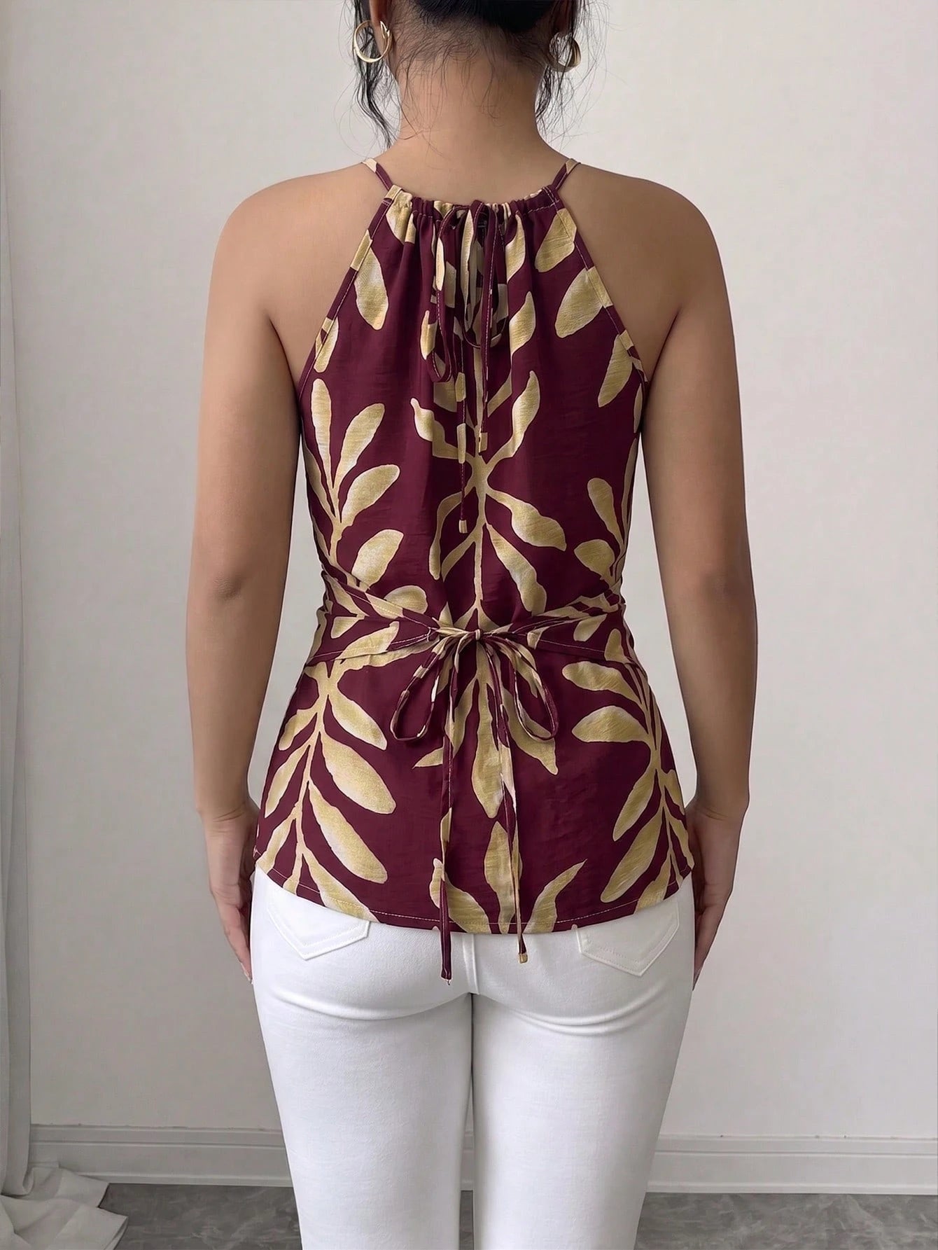 GlowEve CURVE Plus Size Women's Spring/Summer Elegant Commuter Casual Apricot Leaf Print Sleeveless Halter Neck Bow Tie Neckline Wooden Bead Decor Asymmetric Hem Waist Cross Tie Design Fitted Slimming