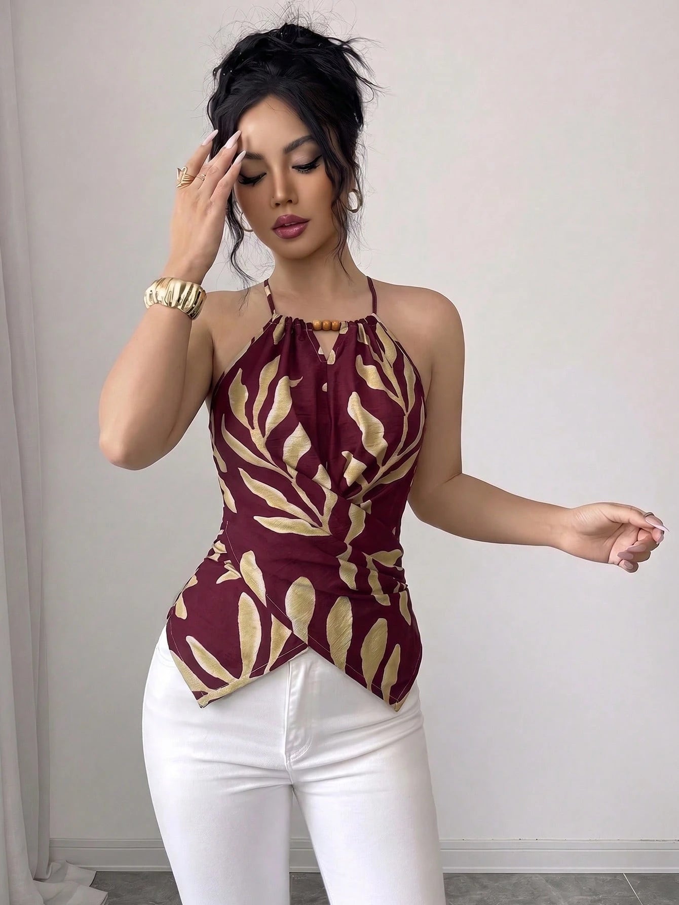 GlowEve CURVE Plus Size Women's Spring/Summer Elegant Commuter Casual Apricot Leaf Print Sleeveless Halter Neck Bow Tie Neckline Wooden Bead Decor Asymmetric Hem Waist Cross Tie Design Fitted Slimming