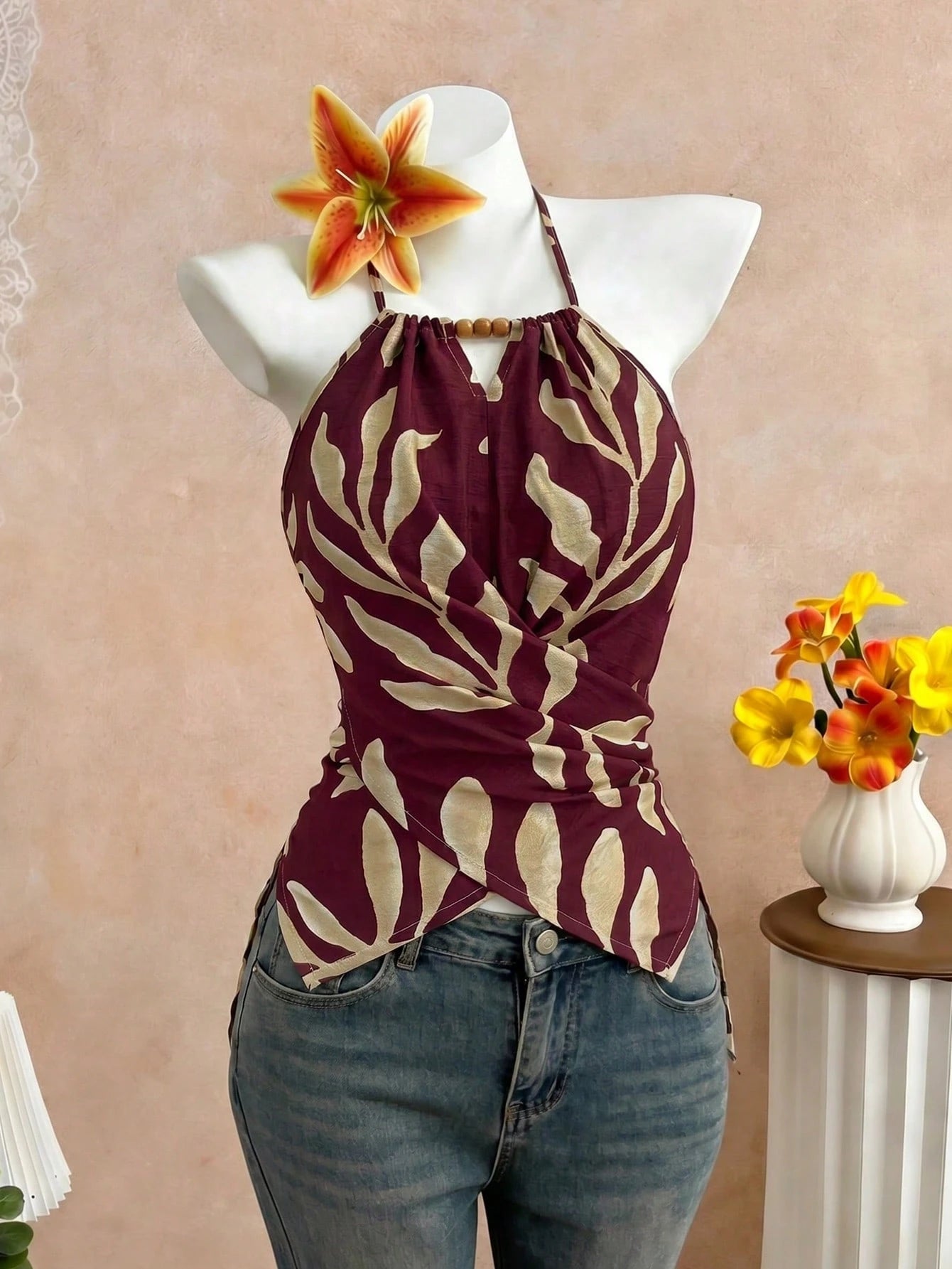 GlowEve CURVE Plus Size Women's Spring/Summer Elegant Commuter Casual Apricot Leaf Print Sleeveless Halter Neck Bow Tie Neckline Wooden Bead Decor Asymmetric Hem Waist Cross Tie Design Fitted Slimming
