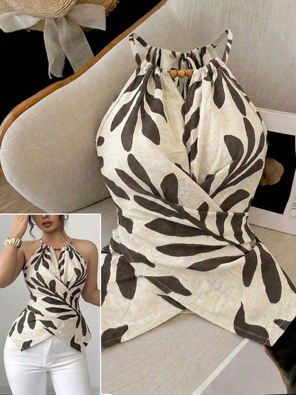 GlowEve CURVE Plus Size Women's Spring/Summer Elegant Commuter Casual Apricot Leaf Print Sleeveless Halter Neck Bow Tie Neckline Wooden Bead Decor Asymmetric Hem Waist Cross Tie Design Fitted Slimming