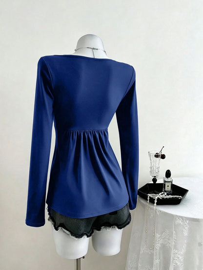 GlowEve CURVE Women's Plus Size Casual Twisted Front V-Neck Long Sleeve T-Shirt, Versatile New Style, Suitable For Spring And Autumn Daily Wear Fall