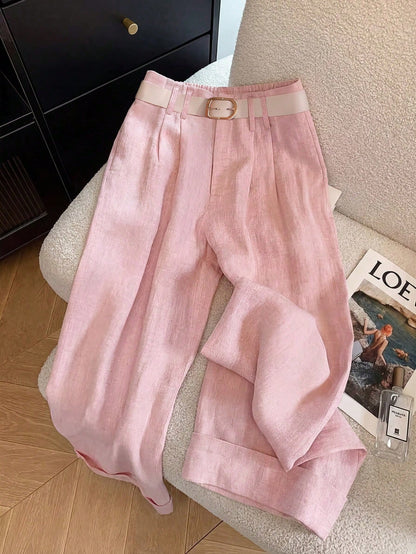GlowEve Women's Elegant Light Pink Cuffed Hem Pants,Draping Fabric Faux Placket,Summer Office Professional Attire For Brunch,Valentine's Day,Easter,Travel