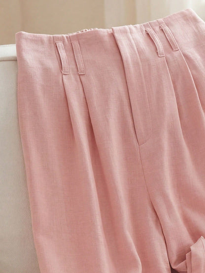 GlowEve Women's Elegant Light Pink Cuffed Hem Pants,Draping Fabric Faux Placket,Summer Office Professional Attire For Brunch,Valentine's Day,Easter,Travel