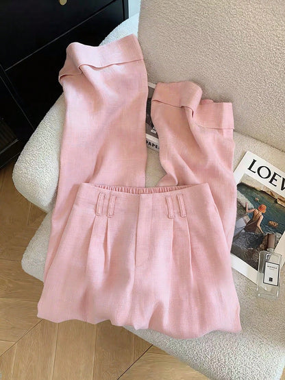 GlowEve Women's Elegant Light Pink Cuffed Hem Pants,Draping Fabric Faux Placket,Summer Office Professional Attire For Brunch,Valentine's Day,Easter,Travel