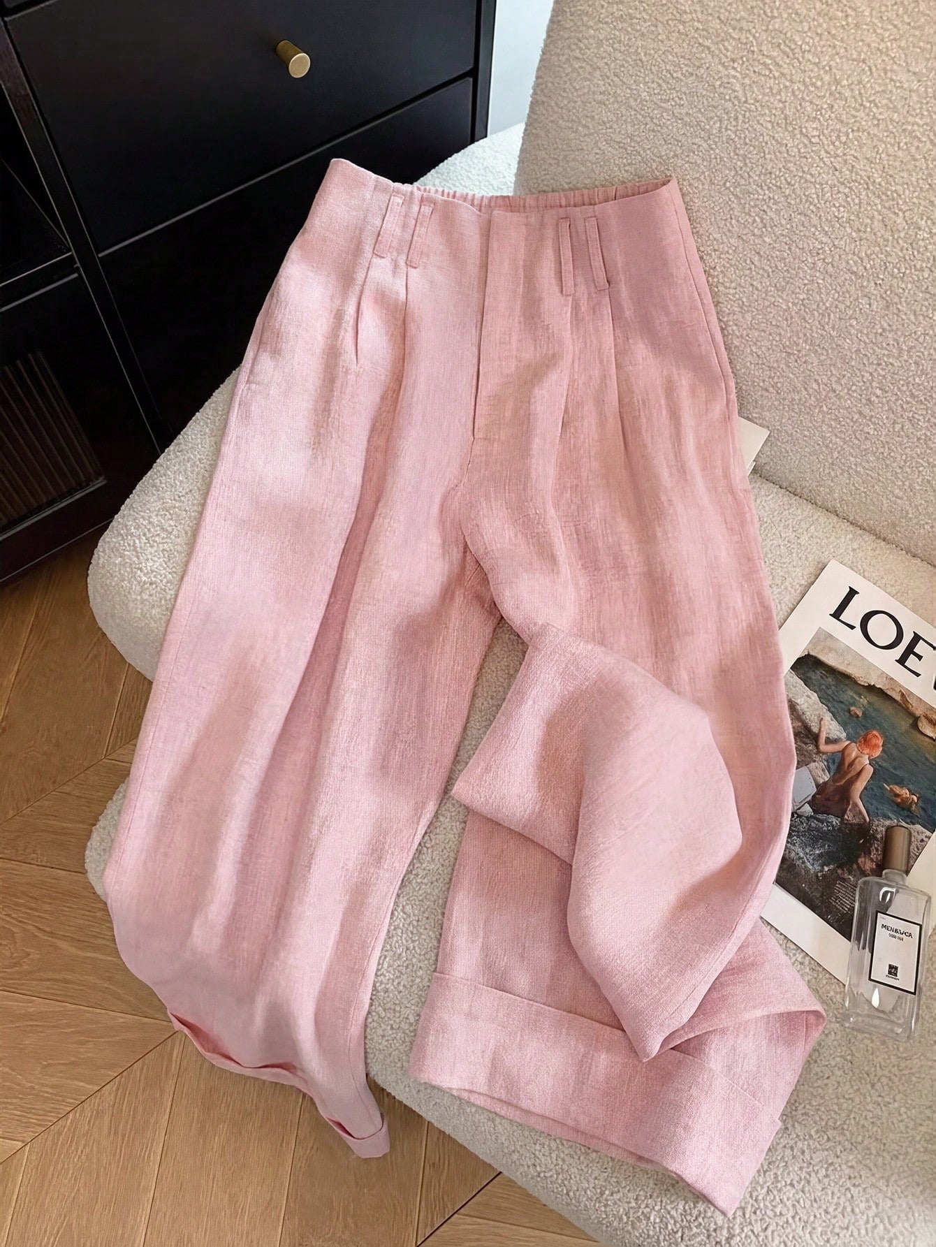 GlowEve Women's Elegant Light Pink Cuffed Hem Pants,Draping Fabric Faux Placket,Summer Office Professional Attire For Brunch,Valentine's Day,Easter,Travel