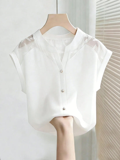 GlowEve Women's Elegant White Chiffon Blouse,Short Sleeve Button-Down V Neck Shirt For Summer Work,Office,Casual & Vacation Wear,Solid Sheer Shoulder Top