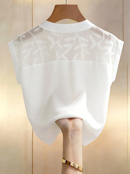 GlowEve Women's Elegant White Chiffon Blouse,Short Sleeve Button-Down V Neck Shirt For Summer Work,Office,Casual & Vacation Wear,Solid Sheer Shoulder Top