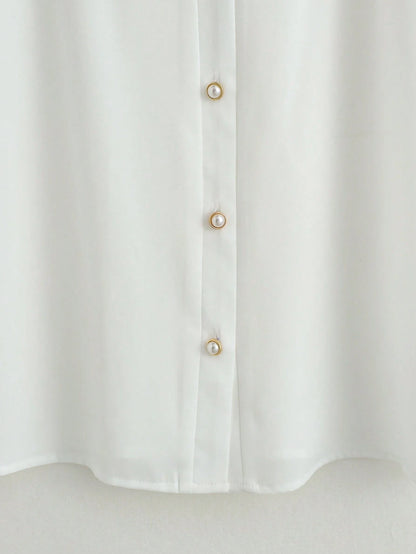 GlowEve Women's Elegant White Chiffon Blouse,Short Sleeve Button-Down V Neck Shirt For Summer Work,Office,Casual & Vacation Wear,Solid Sheer Shoulder Top