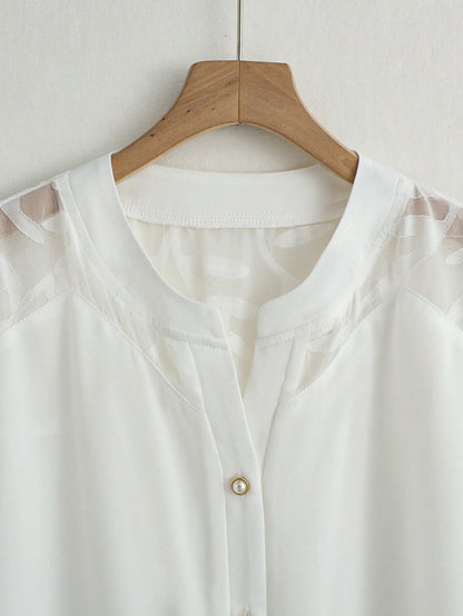 GlowEve Women's Elegant White Chiffon Blouse,Short Sleeve Button-Down V Neck Shirt For Summer Work,Office,Casual & Vacation Wear,Solid Sheer Shoulder Top
