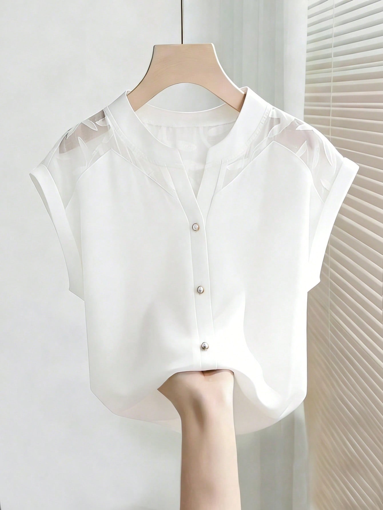 GlowEve Women's Elegant White Chiffon Blouse,Short Sleeve Button-Down V Neck Shirt For Summer Work,Office,Casual & Vacation Wear,Solid Sheer Shoulder Top