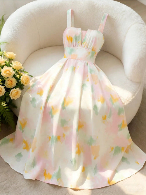 GlowEve Women's Summer Vacation Style Backless Spaghetti Strap Floral Print A-Line Waist Elegant Dress