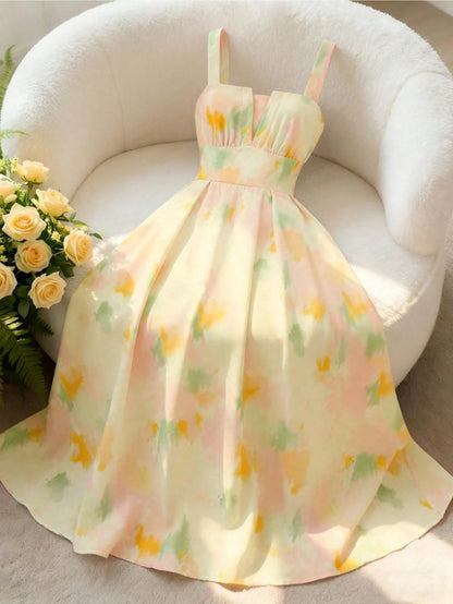 GlowEve Women's Summer Vacation Style Backless Spaghetti Strap Floral Print A-Line Waist Elegant Dress