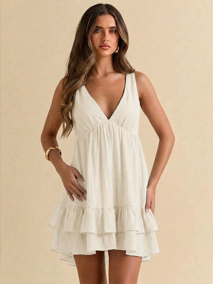 Gossip Girl X BAE Women's Summer Vacation Solid Color Ruffle Hem Sleeveless Dress