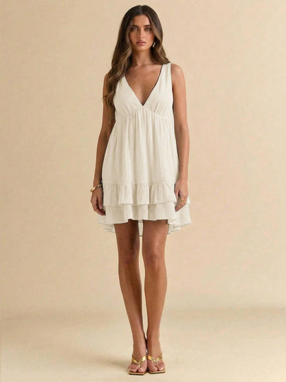 Gossip Girl X BAE Women's Summer Vacation Solid Color Ruffle Hem Sleeveless Dress