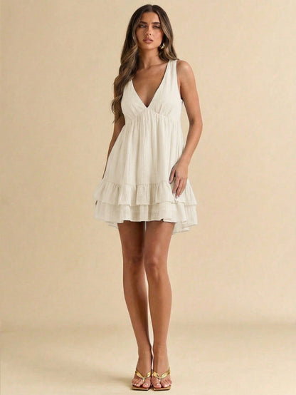 Gossip Girl X BAE Women's Summer Vacation Solid Color Ruffle Hem Sleeveless Dress