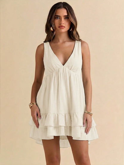 Gossip Girl X BAE Women's Summer Vacation Solid Color Ruffle Hem Sleeveless Dress