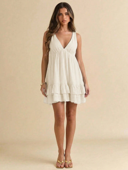 Gossip Girl X BAE Women's Summer Vacation Solid Color Ruffle Hem Sleeveless Dress