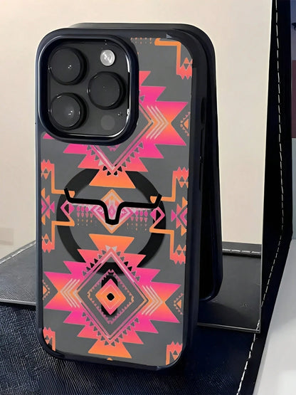 Gradient Geometric Pattern With Black Bull Head Phone Case Is Suitable For IPhone 17, 17 Air, 17 Pro, 17 Pro Max, 16, 15, 14 Pro Max, 13, 12, 11 Plus, And The Galaxy S22/S23/S24/25 Ultra/FE+. It's A S