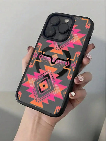 Gradient Geometric Pattern With Black Bull Head Phone Case Is Suitable For IPhone 17, 17 Air, 17 Pro, 17 Pro Max, 16, 15, 14 Pro Max, 13, 12, 11 Plus, And The Galaxy S22/S23/S24/25 Ultra/FE+. It's A S