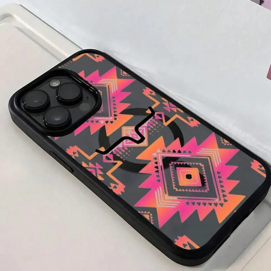 Gradient Geometric Pattern With Black Bull Head Phone Case Is Suitable For IPhone 17, 17 Air, 17 Pro, 17 Pro Max, 16, 15, 14 Pro Max, 13, 12, 11 Plus, And The Galaxy S22/S23/S24/25 Ultra/FE+. It's A S