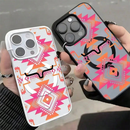 Gradient Geometric Pattern With Black Bull Head Phone Case Is Suitable For IPhone 17, 17 Air, 17 Pro, 17 Pro Max, 16, 15, 14 Pro Max, 13, 12, 11 Plus, And The Galaxy S22/S23/S24/25 Ultra/FE+. It's A S