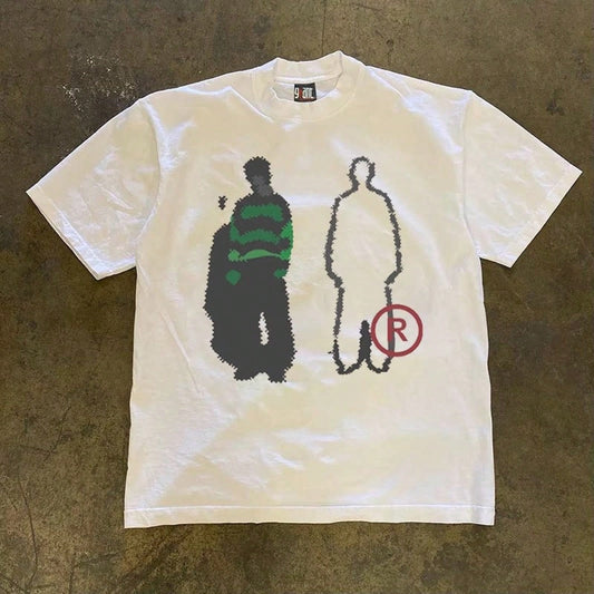 Graphic Tees Men 250g Heavy Weight Pure Cotton! American Oversize Vintage Silhouette Print Couple Loose Short-Sleeve T-Shirt Men Y2K Mens Clothes