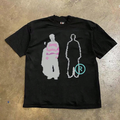 Graphic Tees Men 250g Heavy Weight Pure Cotton! American Oversize Vintage Silhouette Print Couple Loose Short-Sleeve T-Shirt Men Y2K Mens Clothes