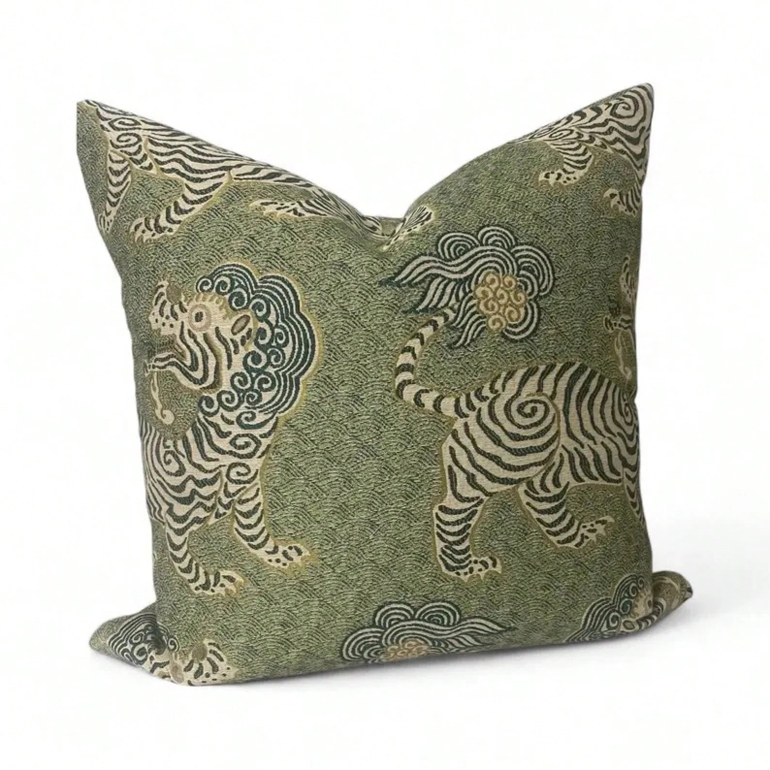 Green Chinoiserie Tiger Pillow Cover: Asian Inspired Home Decor