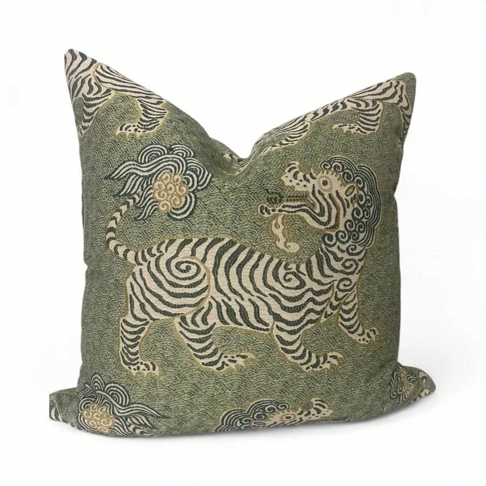Green Chinoiserie Tiger Pillow Cover: Asian Inspired Home Decor