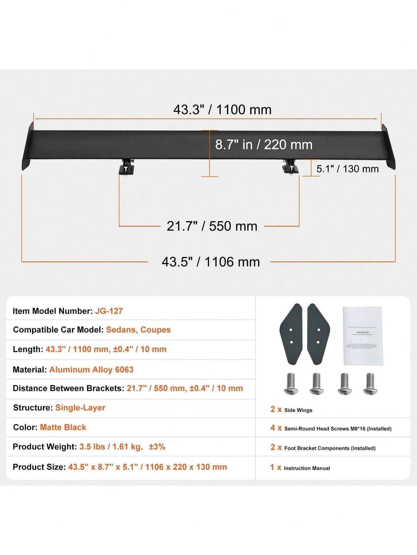 GT Wing Car Spoiler 43.3 Inch Universal Spoiler With Single Deck Adjustable Lightweight Aluminum Car Rear Spoiler Wing Racing Spoiler BGW JDM Drift Black