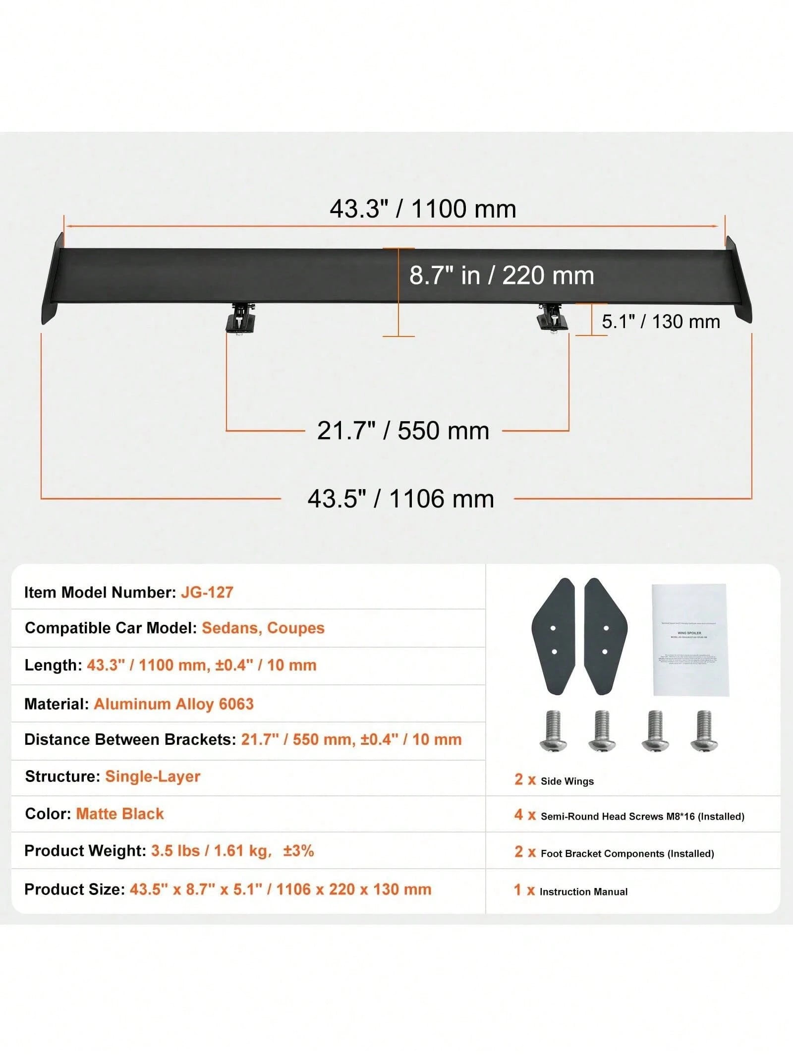 GT Wing Car Spoiler 43.3 Inch Universal Spoiler With Single Deck Adjustable Lightweight Aluminum Car Rear Spoiler Wing Racing Spoiler BGW JDM Drift Black