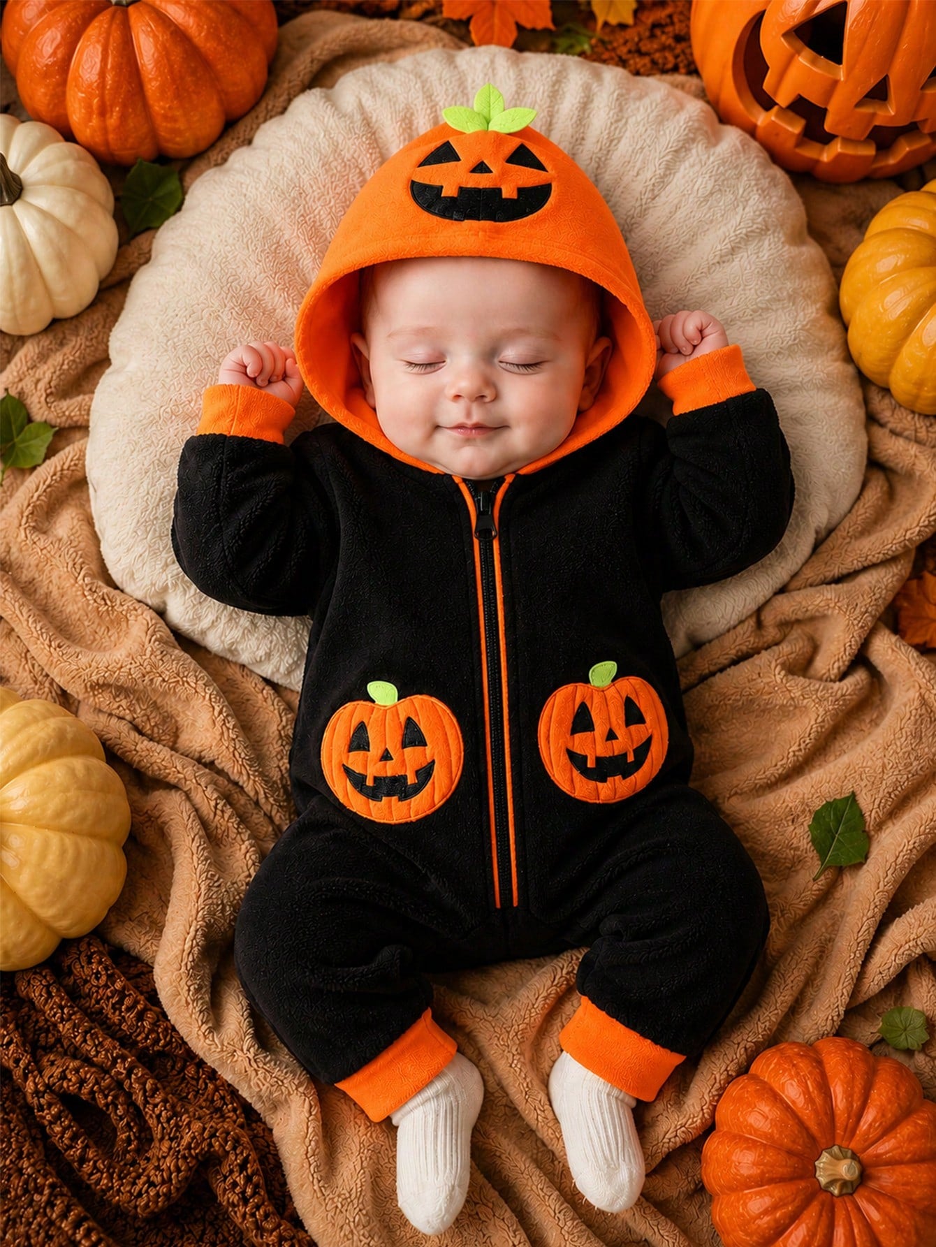 H HIBOBI Baby Boy Halloween Pumpkin Hooded Jumpsuit, Polyester Fleece Zippered Crawler, Long Sleeve Warm Jumpsuit, Suitable For Holiday Party/Photo Shoot/Autumn & Winter Outings, Cute Pumpkin Elf Styl