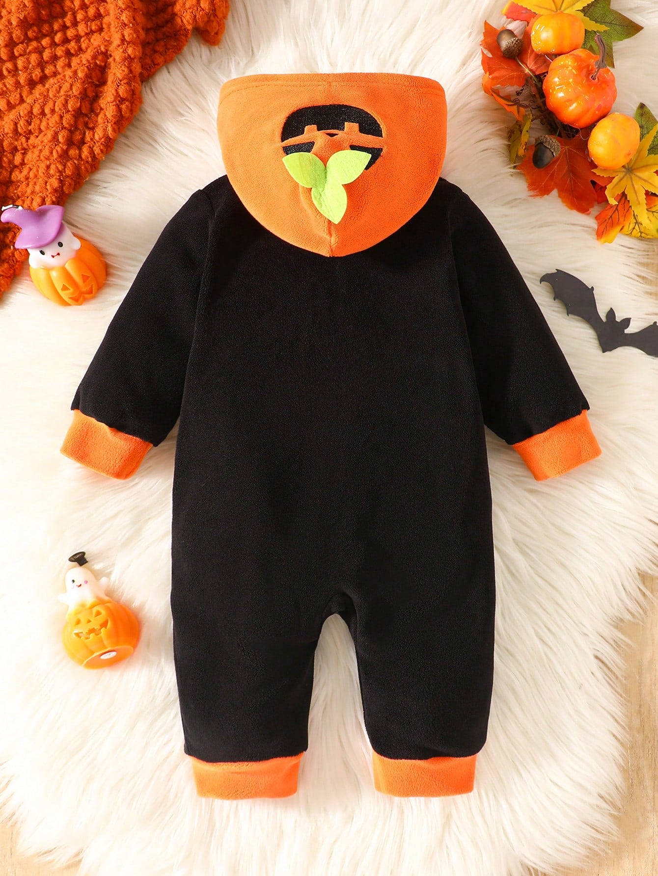 H HIBOBI Baby Boy Halloween Pumpkin Hooded Jumpsuit, Polyester Fleece Zippered Crawler, Long Sleeve Warm Jumpsuit, Suitable For Holiday Party/Photo Shoot/Autumn & Winter Outings, Cute Pumpkin Elf Styl