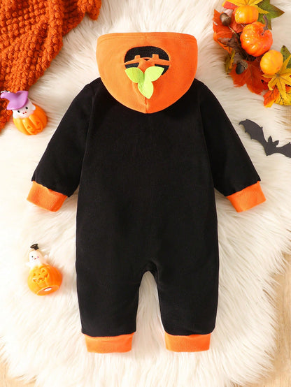 H HIBOBI Baby Boy Halloween Pumpkin Hooded Jumpsuit, Polyester Fleece Zippered Crawler, Long Sleeve Warm Jumpsuit, Suitable For Holiday Party/Photo Shoot/Autumn & Winter Outings, Cute Pumpkin Elf Styl