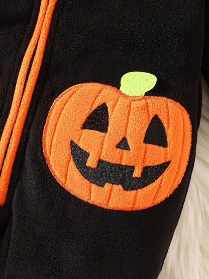 H HIBOBI Baby Boy Halloween Pumpkin Hooded Jumpsuit, Polyester Fleece Zippered Crawler, Long Sleeve Warm Jumpsuit, Suitable For Holiday Party/Photo Shoot/Autumn & Winter Outings, Cute Pumpkin Elf Styl