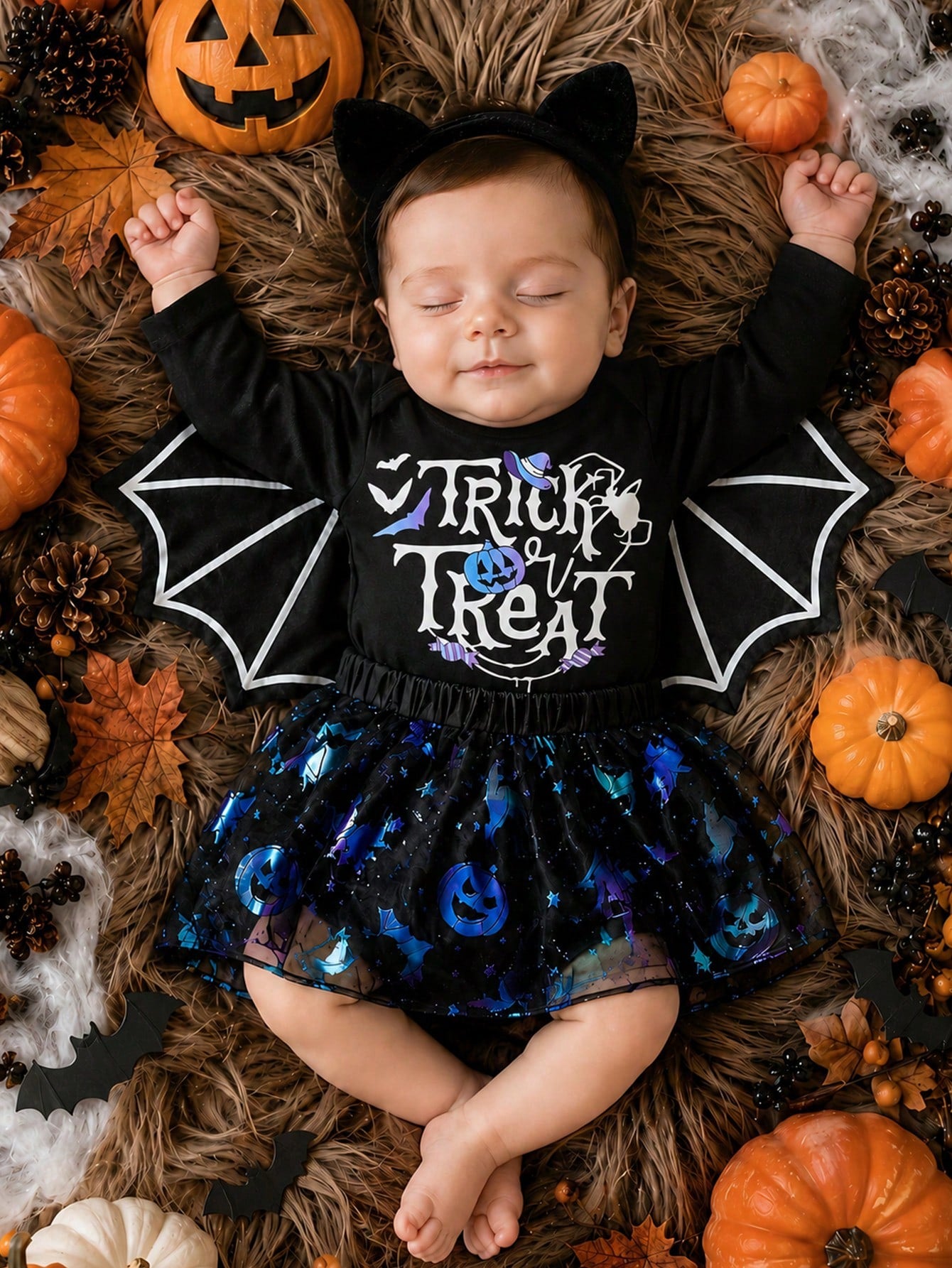 H HIBOBI Baby Girl Halloween Bat Wings Skirt Set, Printed Bodysuit + Shiny Skirt (Headband Not Included), Cute Dark Style Infant Outfit For Holiday Party And Photoshoot