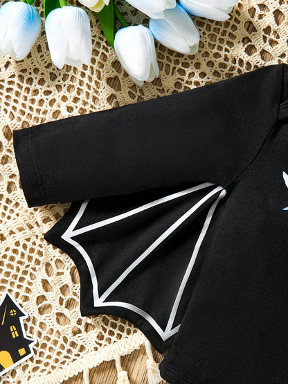H HIBOBI Baby Girl Halloween Bat Wings Skirt Set, Printed Bodysuit + Shiny Skirt (Headband Not Included), Cute Dark Style Infant Outfit For Holiday Party And Photoshoot