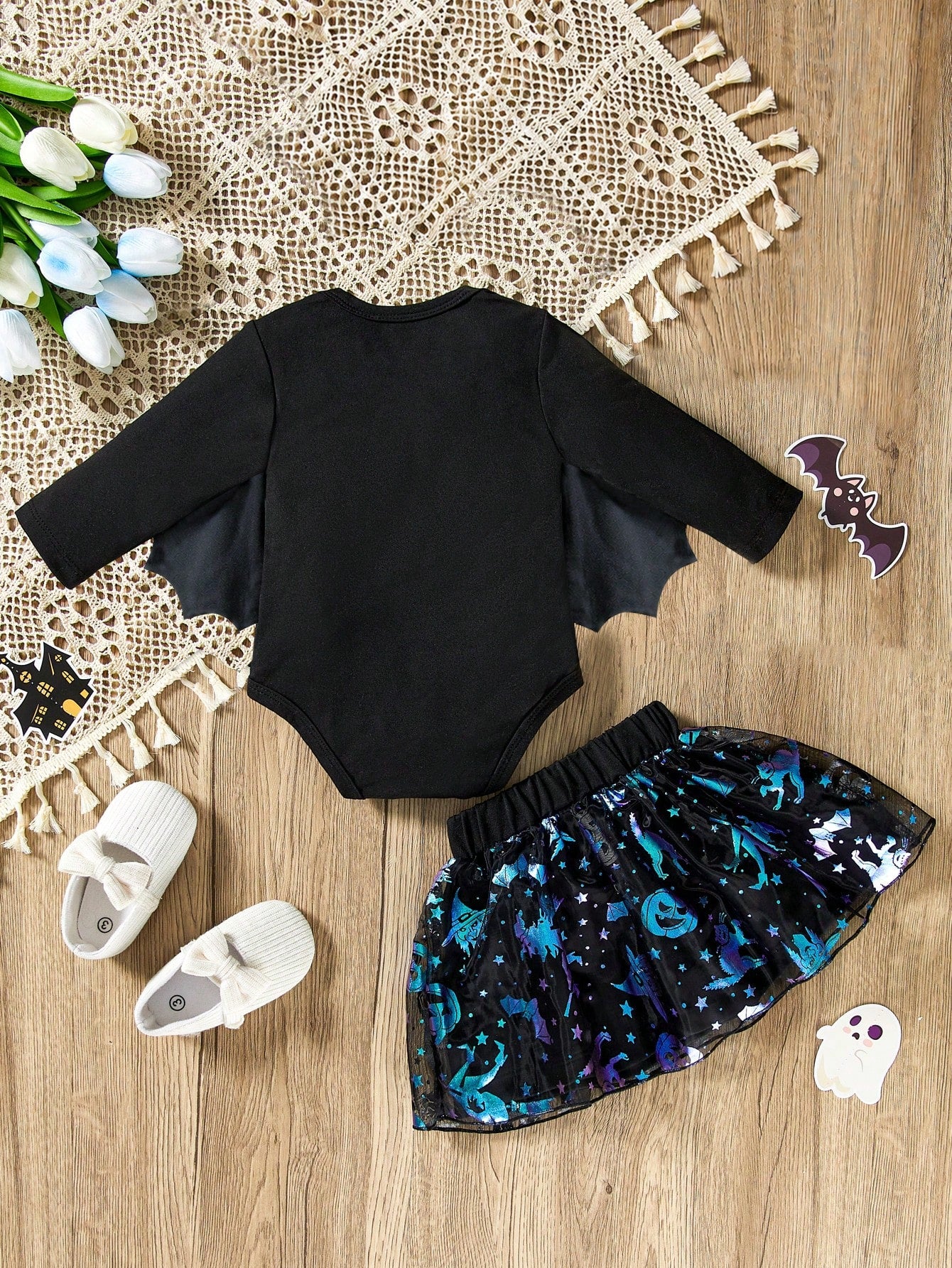 H HIBOBI Baby Girl Halloween Bat Wings Skirt Set, Printed Bodysuit + Shiny Skirt (Headband Not Included), Cute Dark Style Infant Outfit For Holiday Party And Photoshoot
